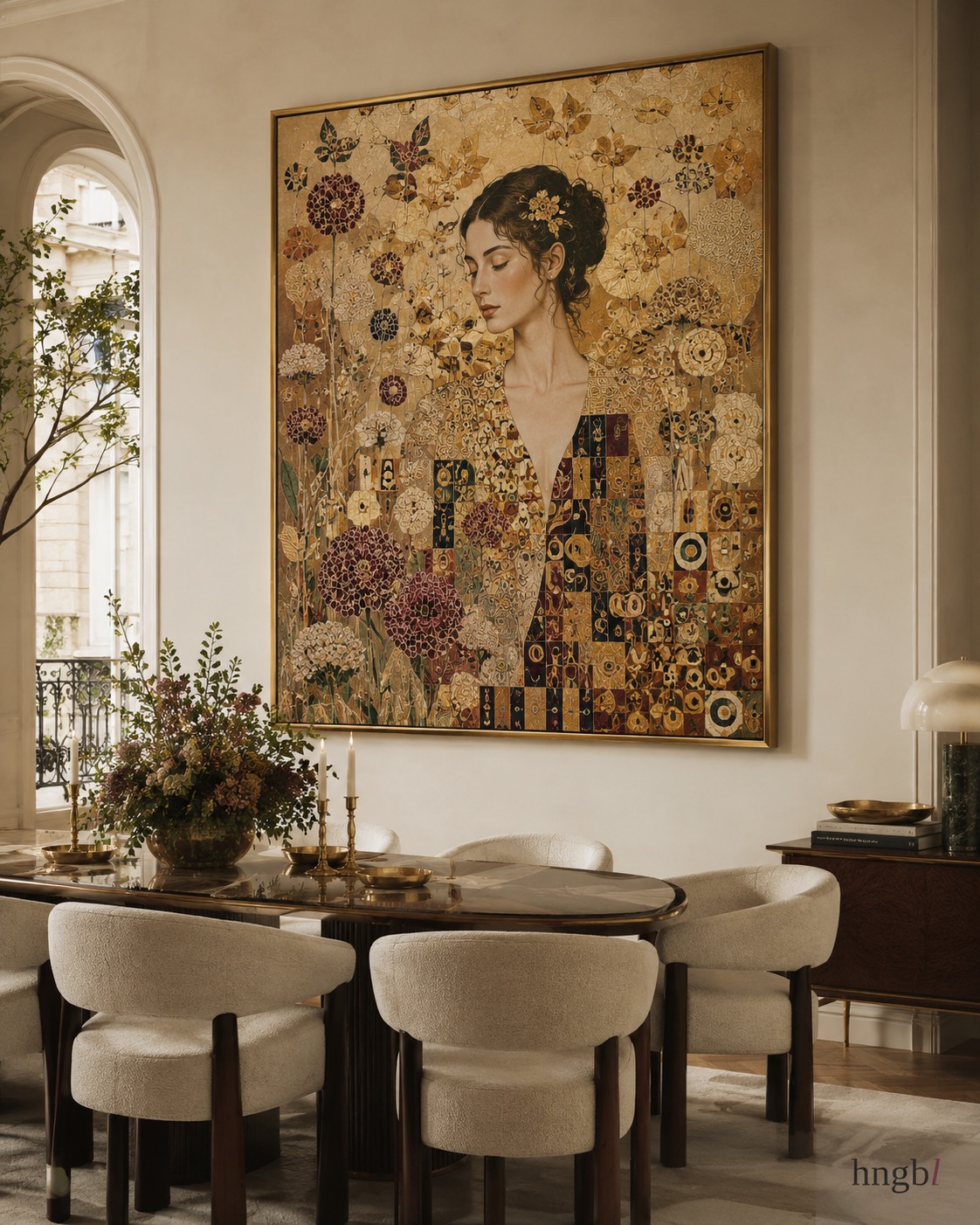 A gilded portrait edition anchoring a formal dining room