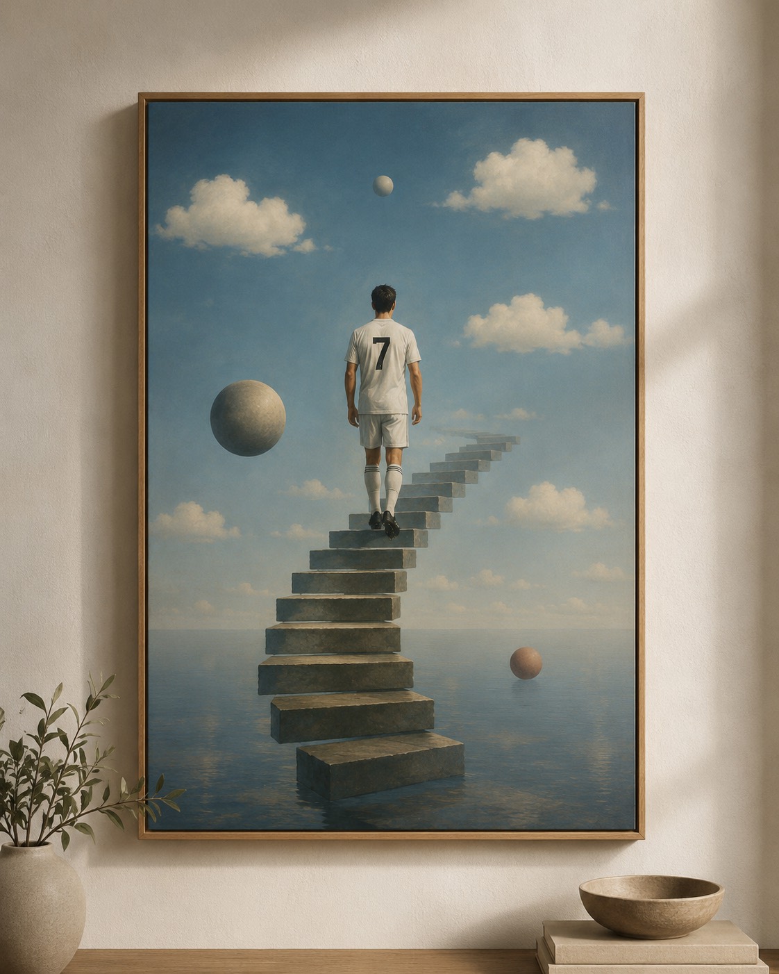 A footballer in a number seven shirt climbing a floating stone staircase over a still sea