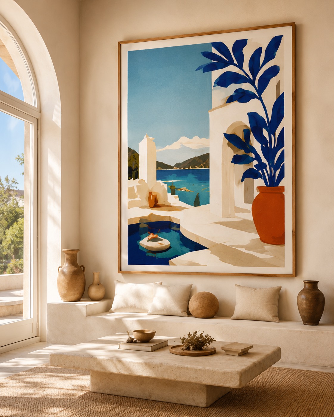 Mediterranean terrace illustration with cobalt leaves and a still blue pool, framed in oak