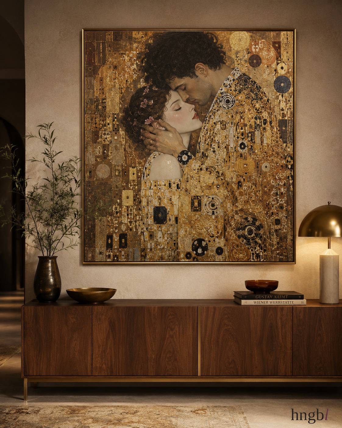 A gilded embrace in the Vienna Gold collection, hung above a walnut sideboard