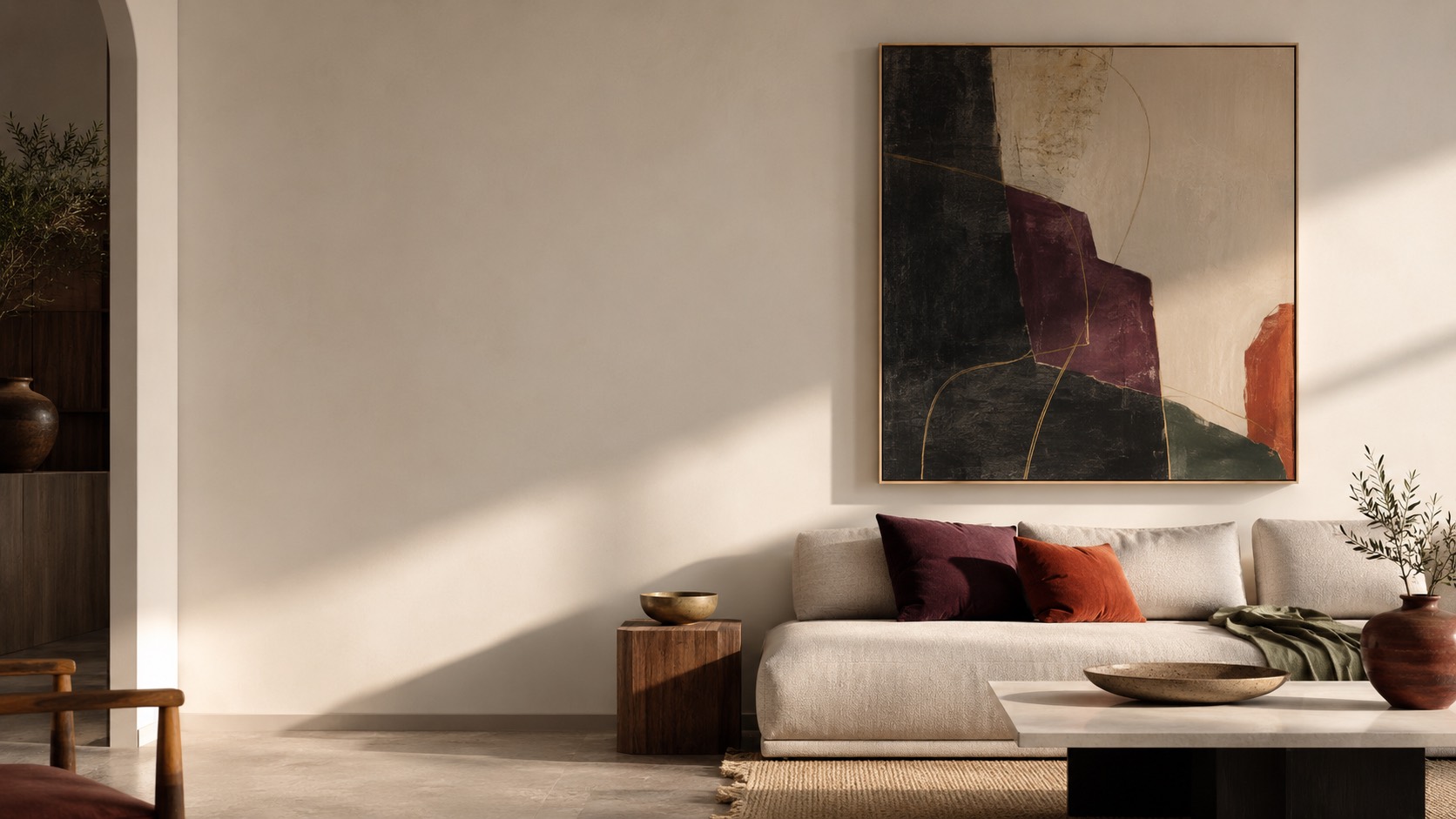 A large abstract edition in an oak frame, hung above a pale sofa in a warm, light-filled living room