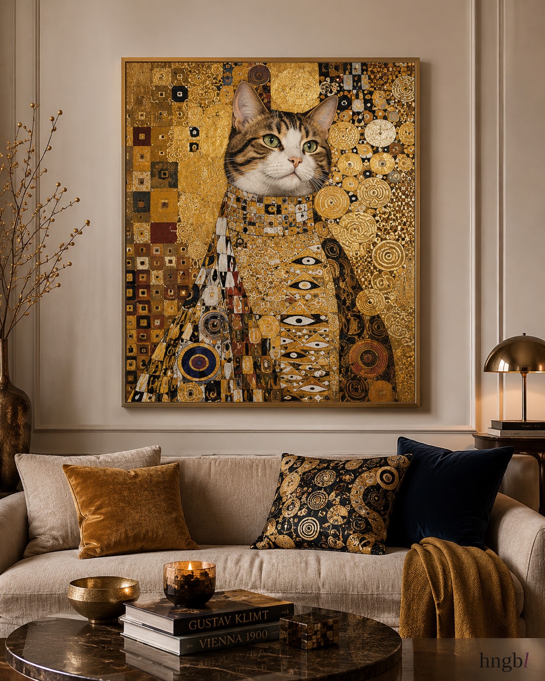 A tabby cat in gilded robes, painted in the Vienna gold manner