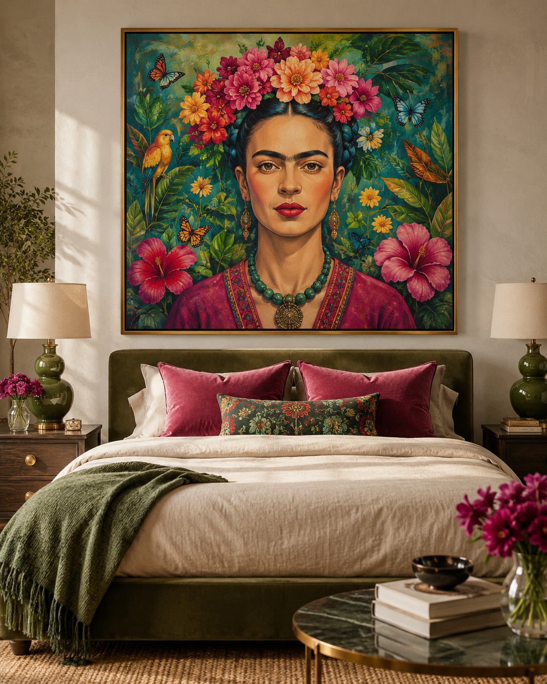 Folk portrait edition with a flower crown and butterflies, hung above a bed