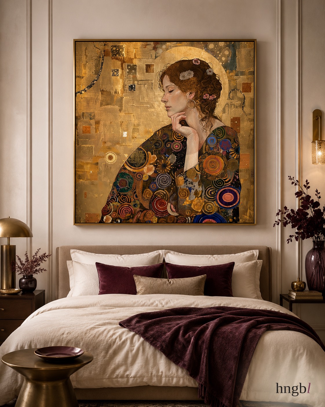 Gilded portrait edition in the Vienna Gold collection, above a bed