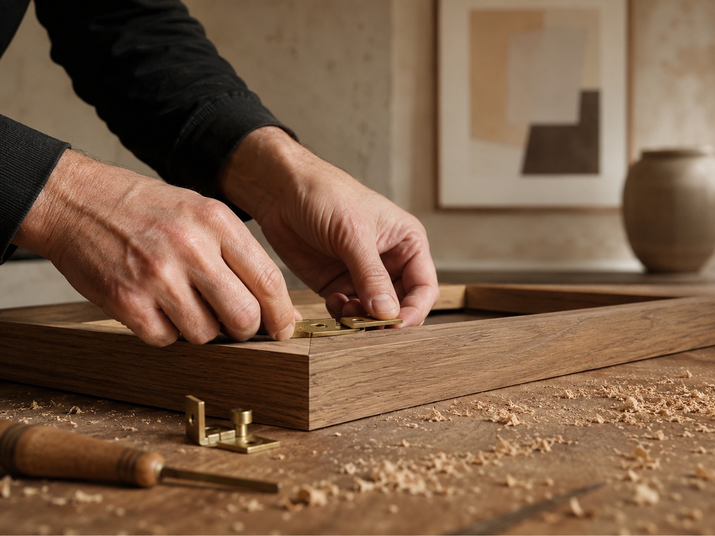 Brass hanging hardware being fitted to a solid oak frame