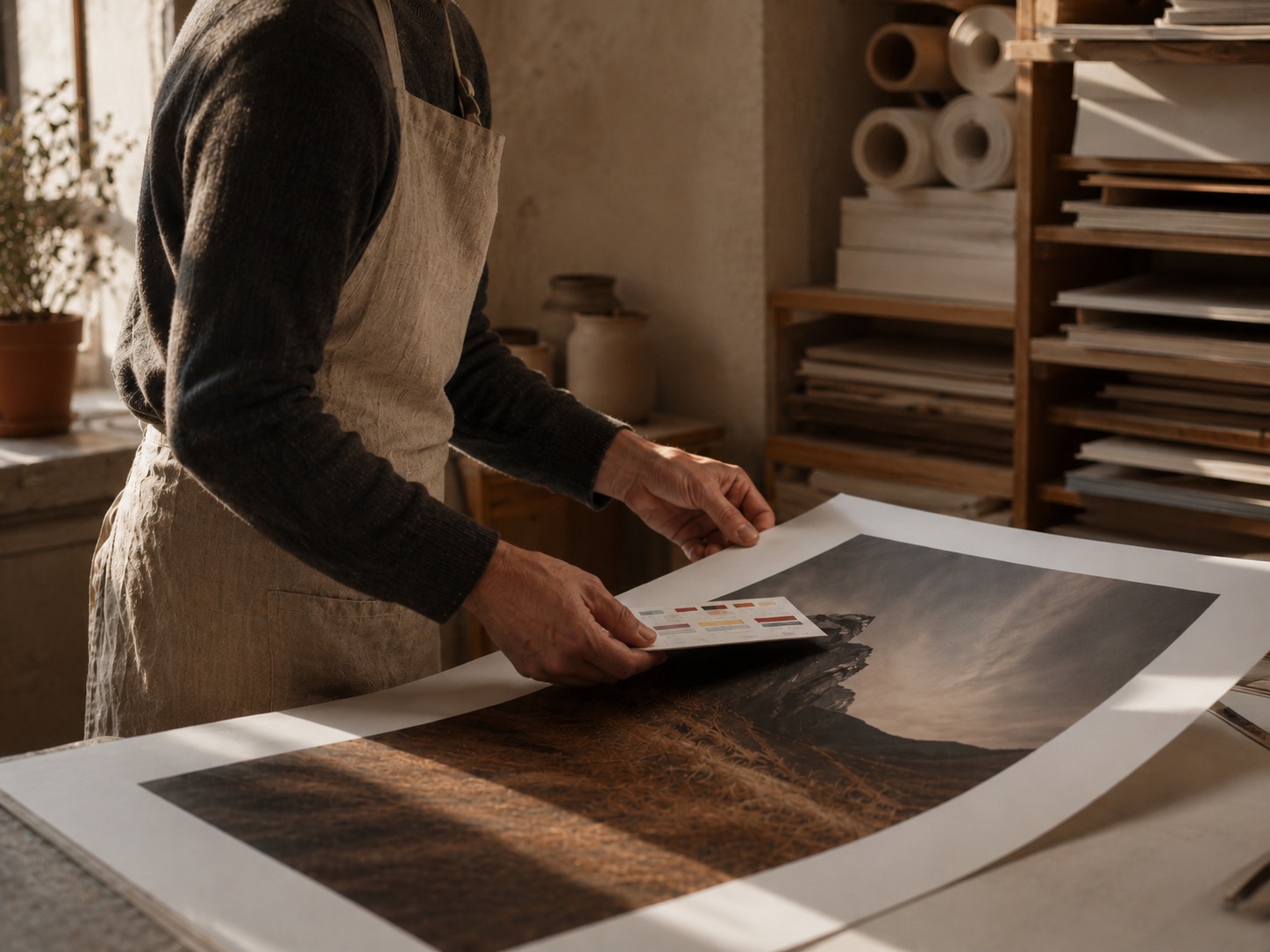 A printmaker checking a fresh edition against a colour swatch card in the Hangable print studio