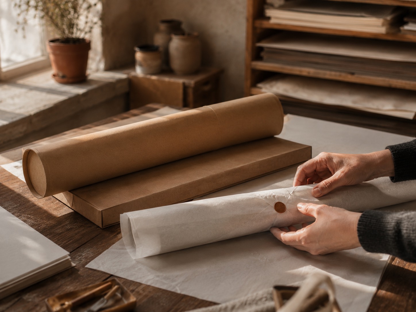 Packed for shipping: print rolled in tissue with wax seal