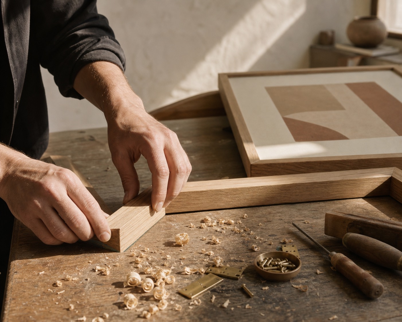 A framemaker joining a solid oak frame in the Hangable workshop, brass hardware on the bench