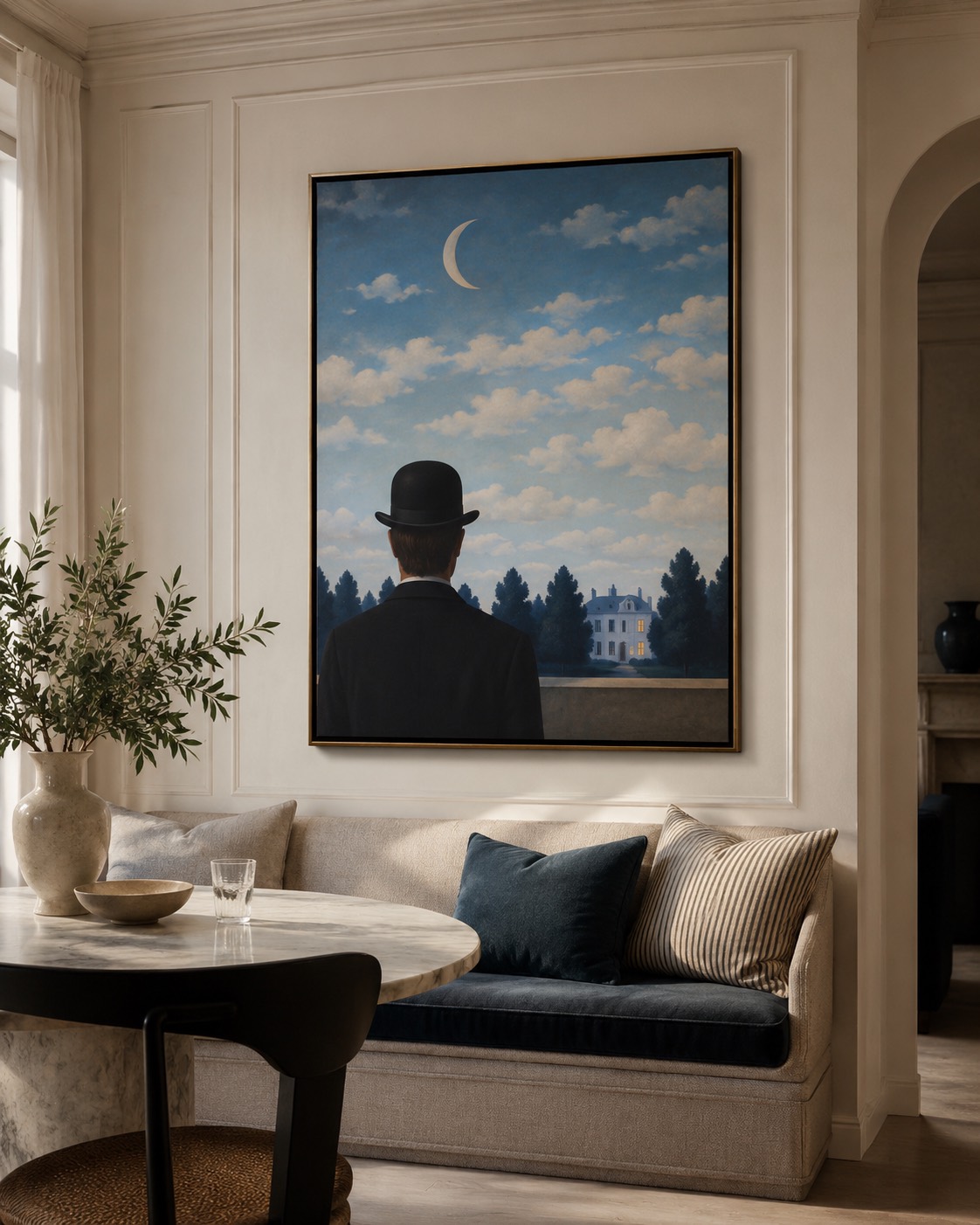 Surrealist night scene with a bowler hat and crescent moon, framed above a reading nook